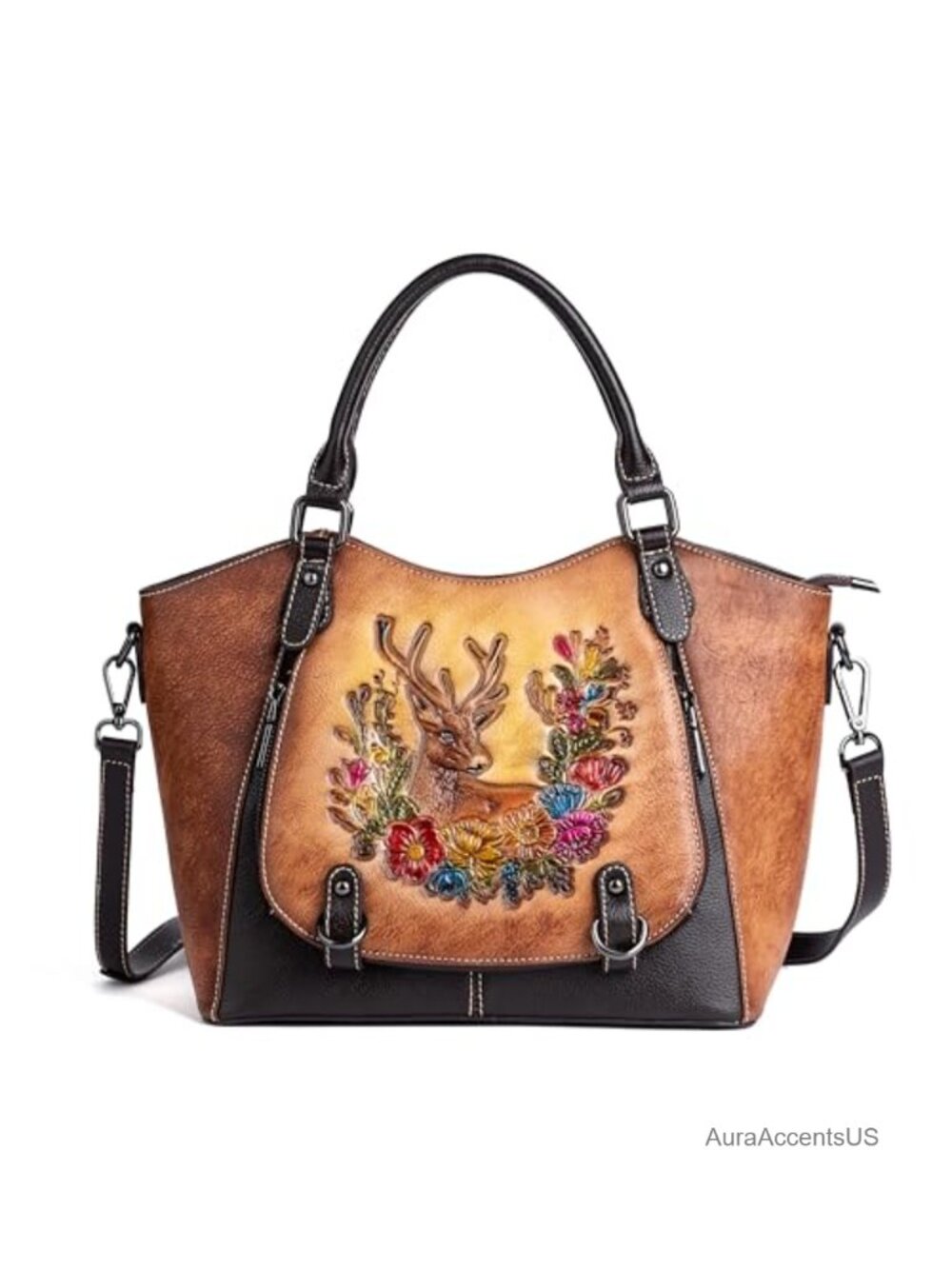 Genuine Leather Satchel Handbag Women Embossed Floral Deer Crossbody Purse